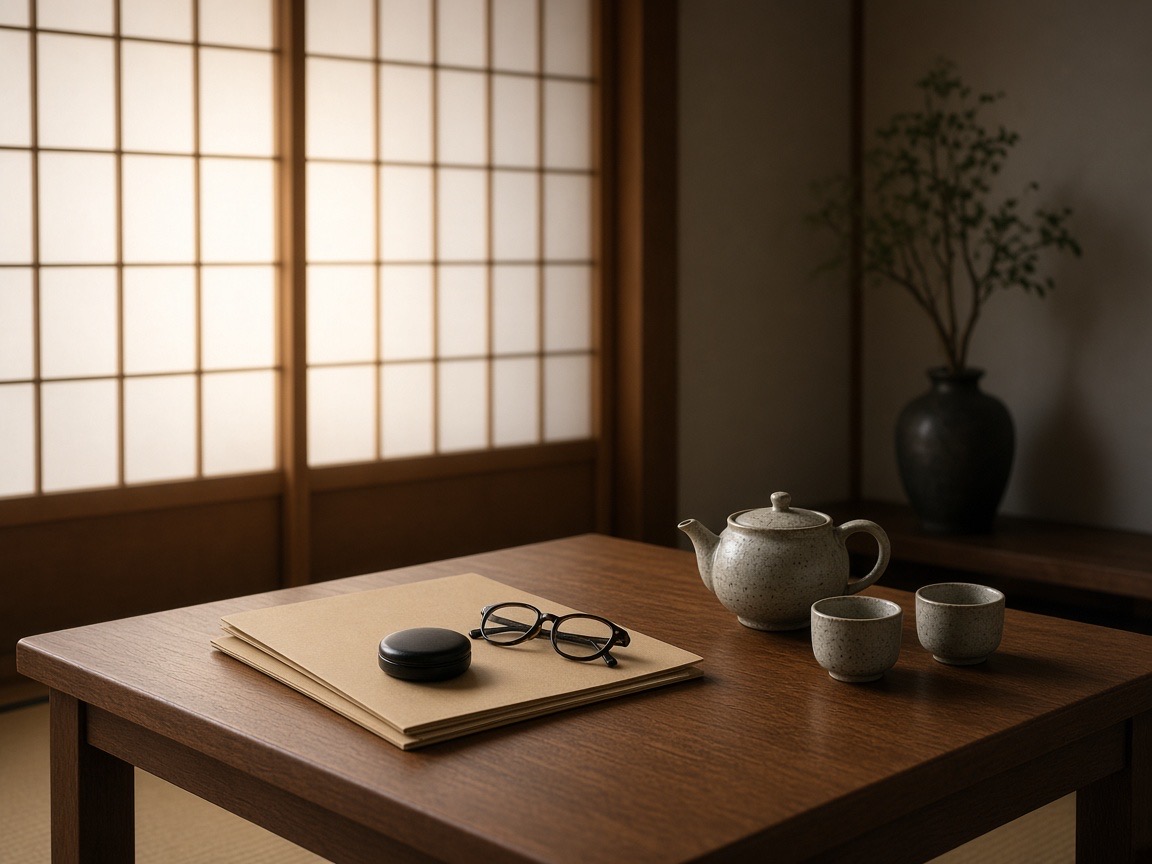 Quiet Japanese meeting room with a low wooden table, two closed plain folders, a black seal case, reading glasses and a ceramic teapot with two cups, shoji screens glowing behind