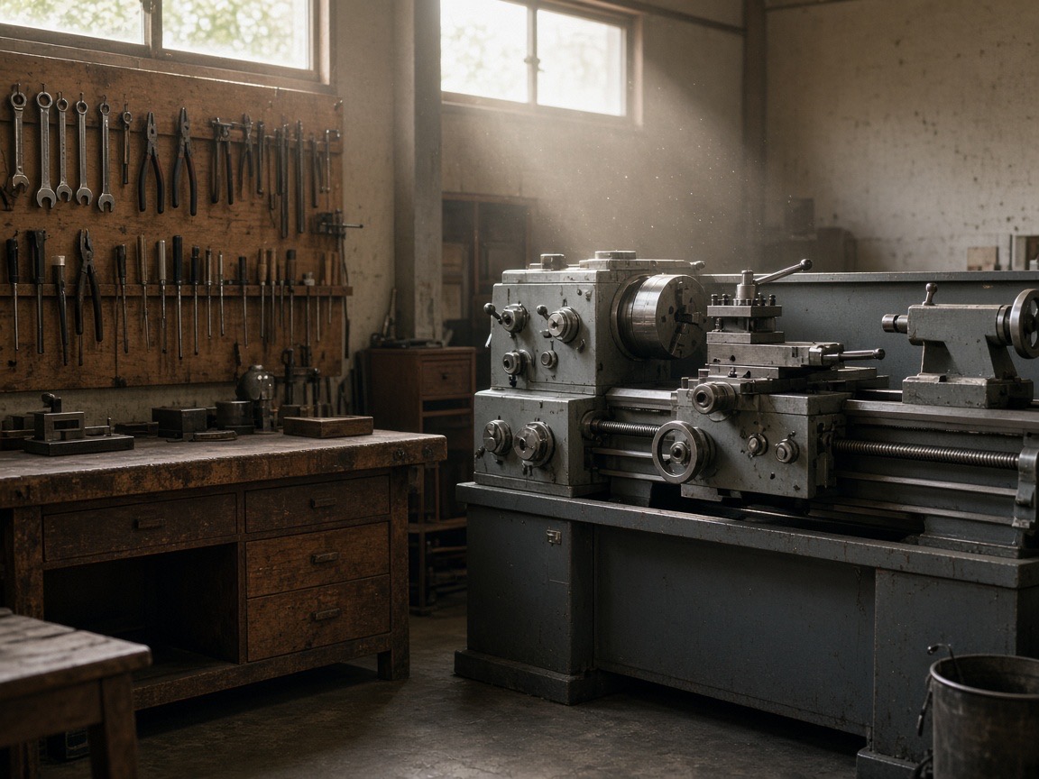 Quiet family-owned machine workshop in early morning light, with an old lathe, a wooden workbench and hand tools hung neatly on the wall
