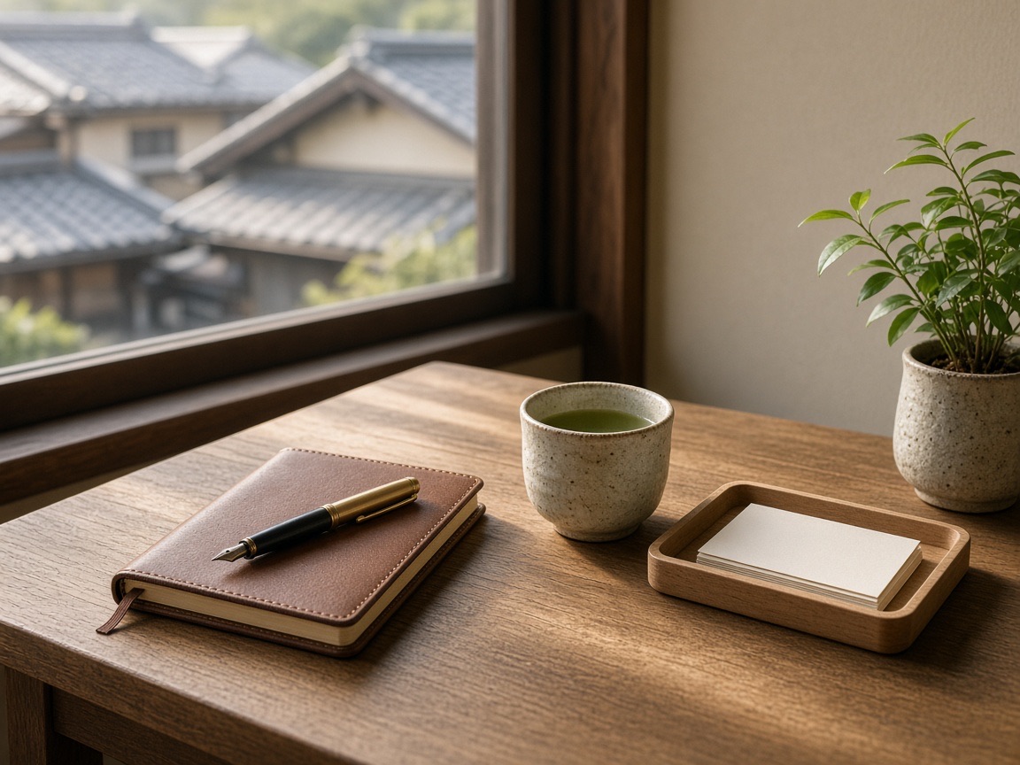 Quiet wooden desk by a window in a small Kyoto office, with a leather notebook and fountain pen, a cup of green tea, a tray of blank business cards and a small plant, tiled rooftops soft in the morning light outside
