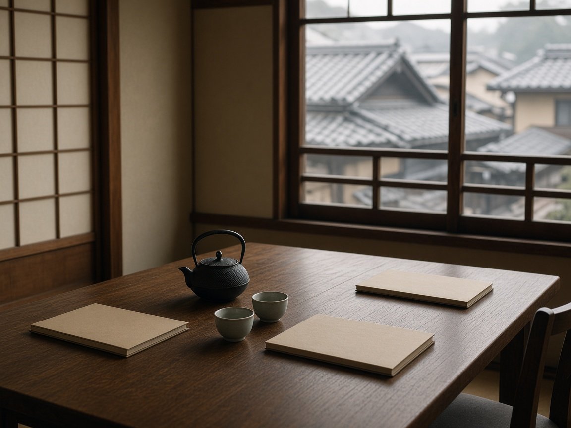 Empty traditional Japanese meeting room in soft morning light, with a long wooden table, plain folders and an iron teapot with two cups, tiled roofs beyond the window