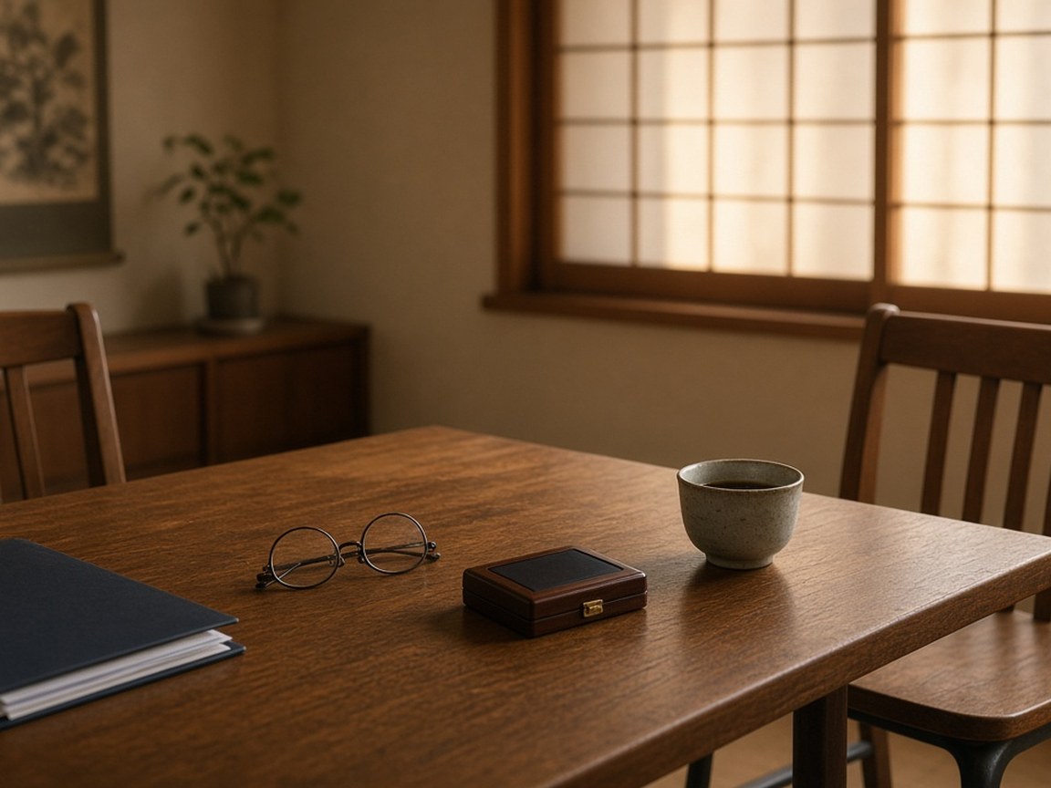 Quiet Japanese SME meeting room with a closed folder, reading glasses, a company seal case and a cup of tea on a wooden table in warm late-afternoon light