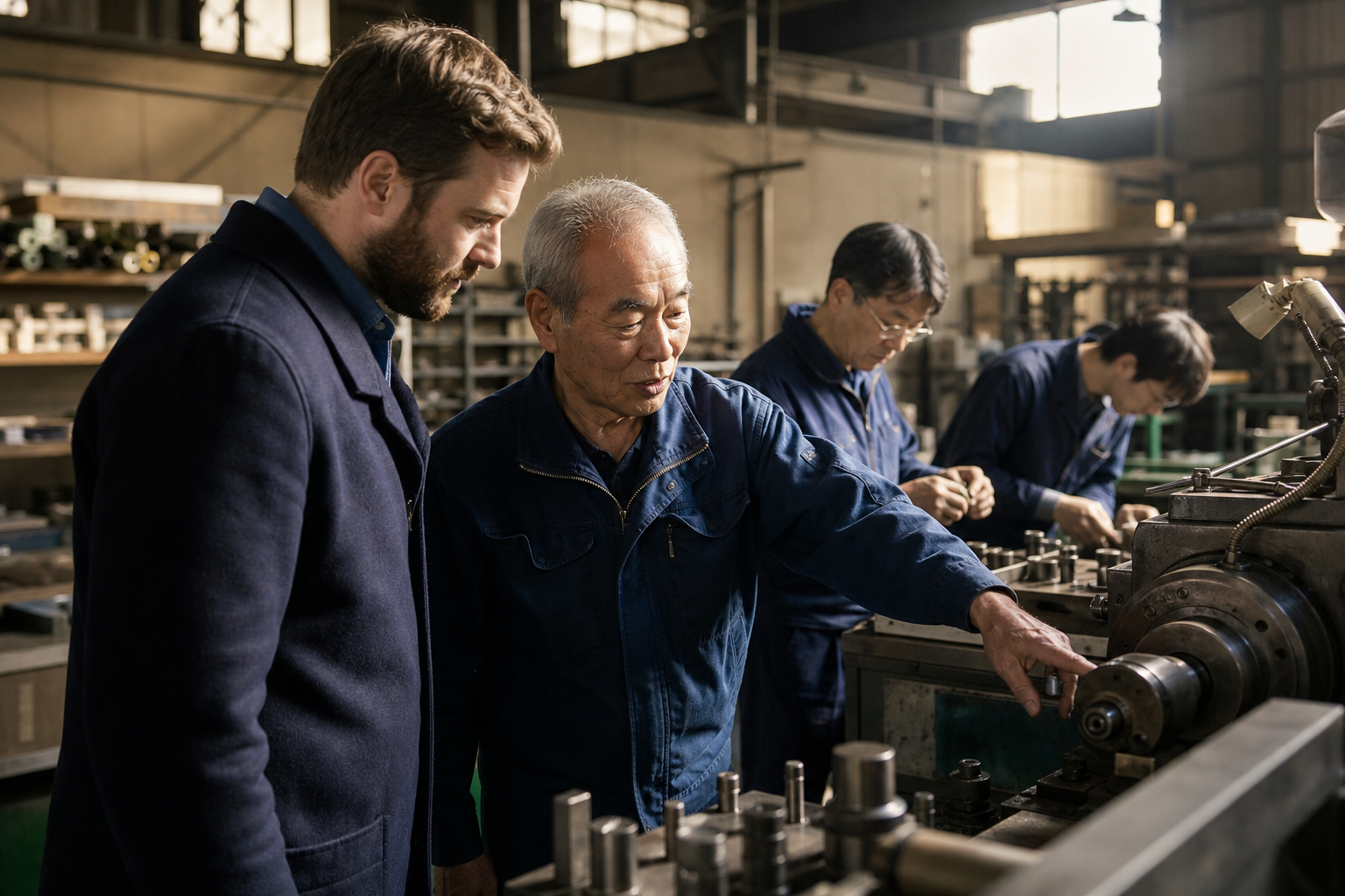 Foreign buyer touring a compact Japanese family manufacturing workshop with the owner and longtime staff