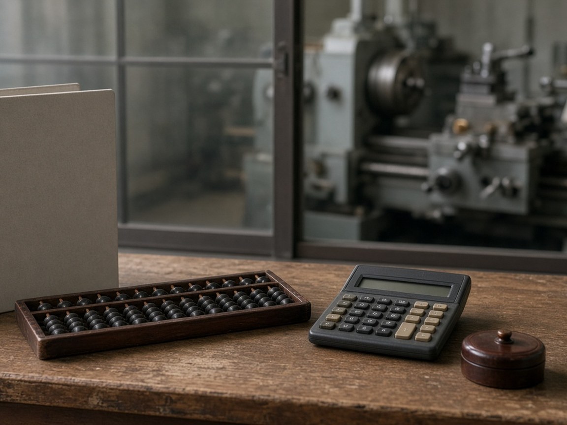 Owner's desk in a small Japanese family factory office after hours, with an abacus, a closed accounts binder, a calculator and a company seal case, and the quiet workshop floor visible through an interior window