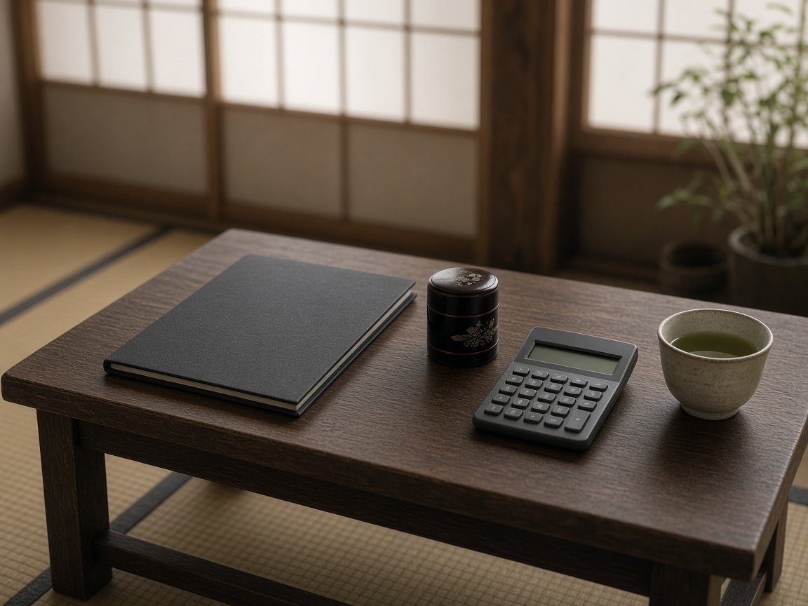 Low wooden table in a quiet Japanese family company office, with a closed document folder, a company seal case, a calculator and a cup of tea, soft afternoon light through shoji screens
