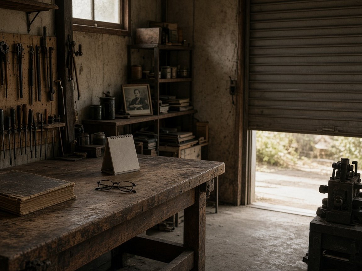 Quiet interior of a closed Japanese family workshop, with tools on the wall, an old ledger and reading glasses on the workbench, and the roller shutter half-lowered