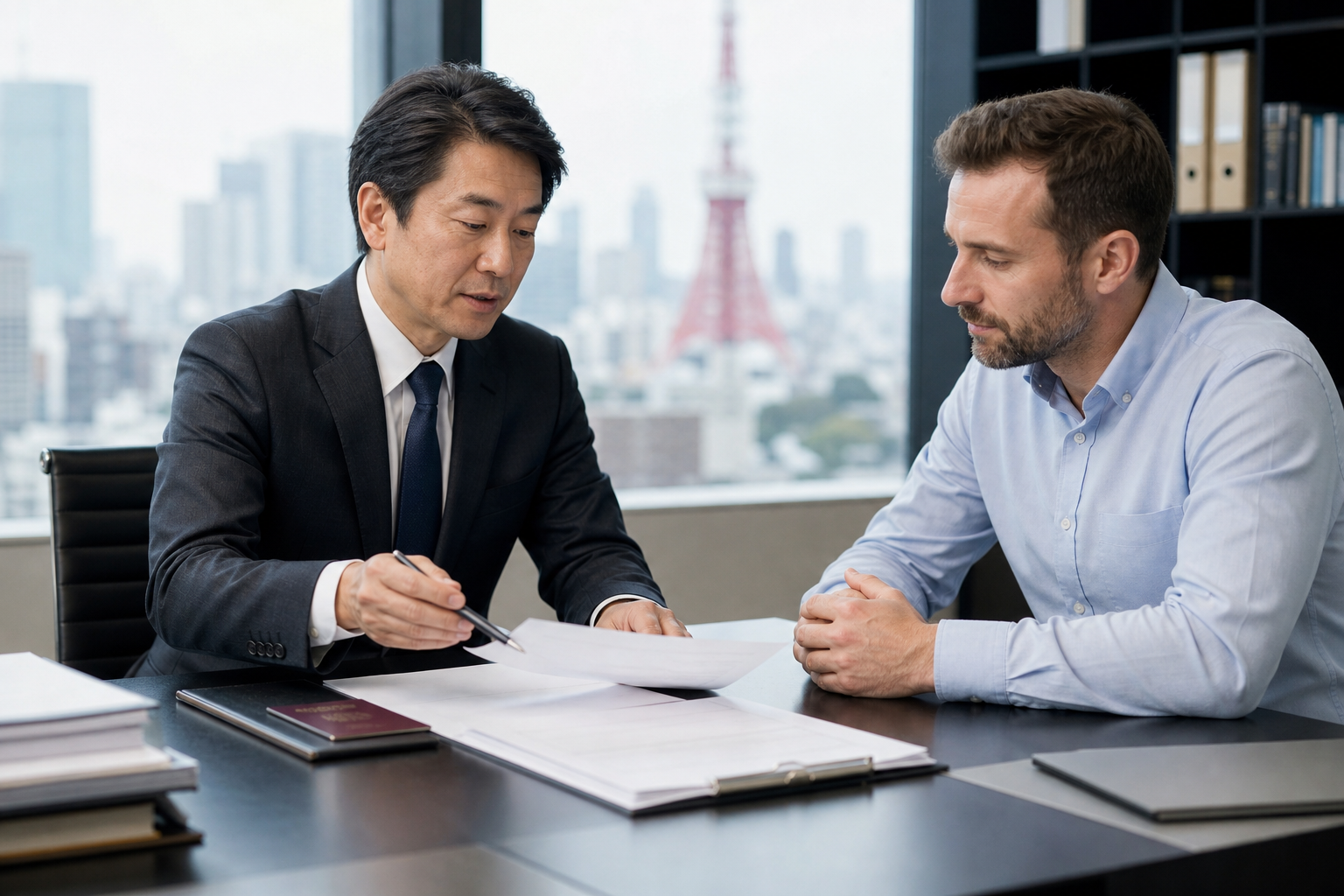 Foreign entrepreneur reviewing Business Manager visa documents with a Japanese immigration specialist in a Tokyo office