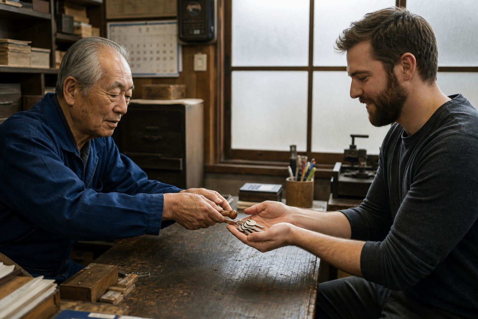 Aging Japanese shop owner handing over keys and company seal to a younger foreign buyer in a modest workshop office