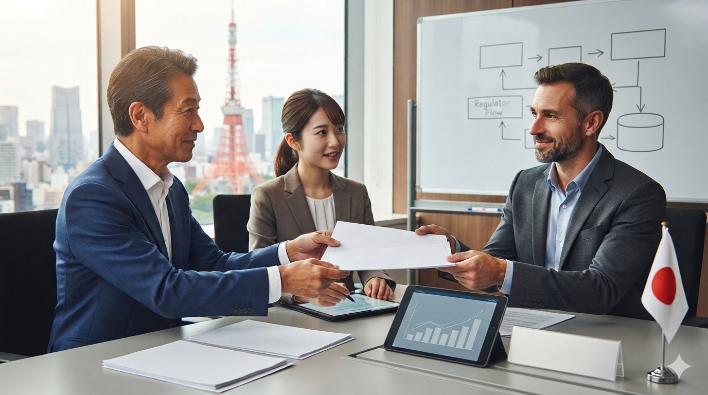 Japanese and foreign professionals exchanging documents in a Tokyo office with Tokyo Tower in the background