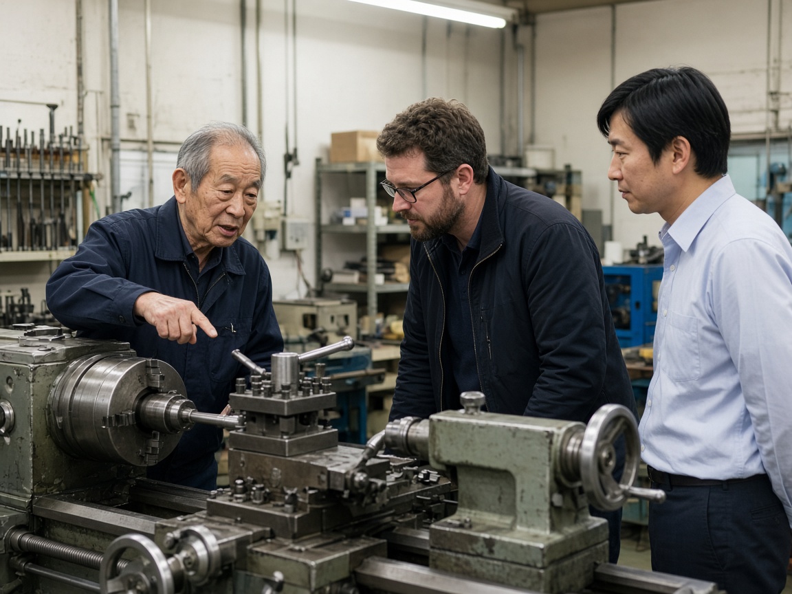 Elderly Japanese factory owner explaining a lathe to a foreign buyer and bilingual advisor inside a small precision machining workshop
