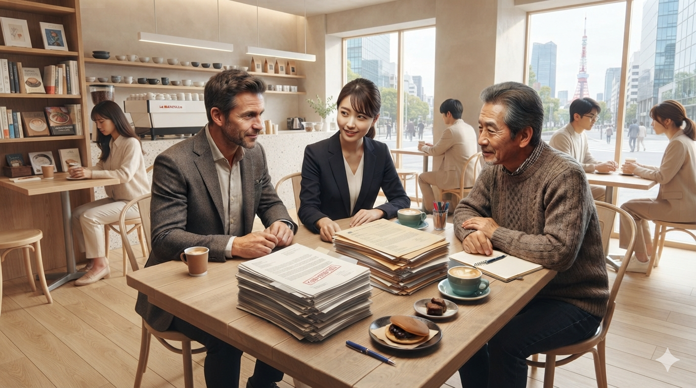 Japanese owner, advisor, and foreign buyer reviewing financial statements and earnings multiples in a Tokyo office